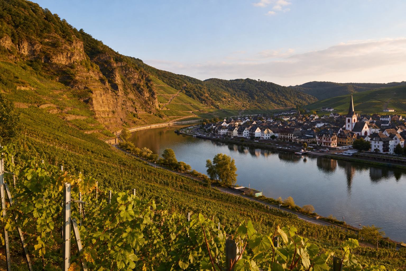 Weinberge am Moselufer bei goldenem Licht