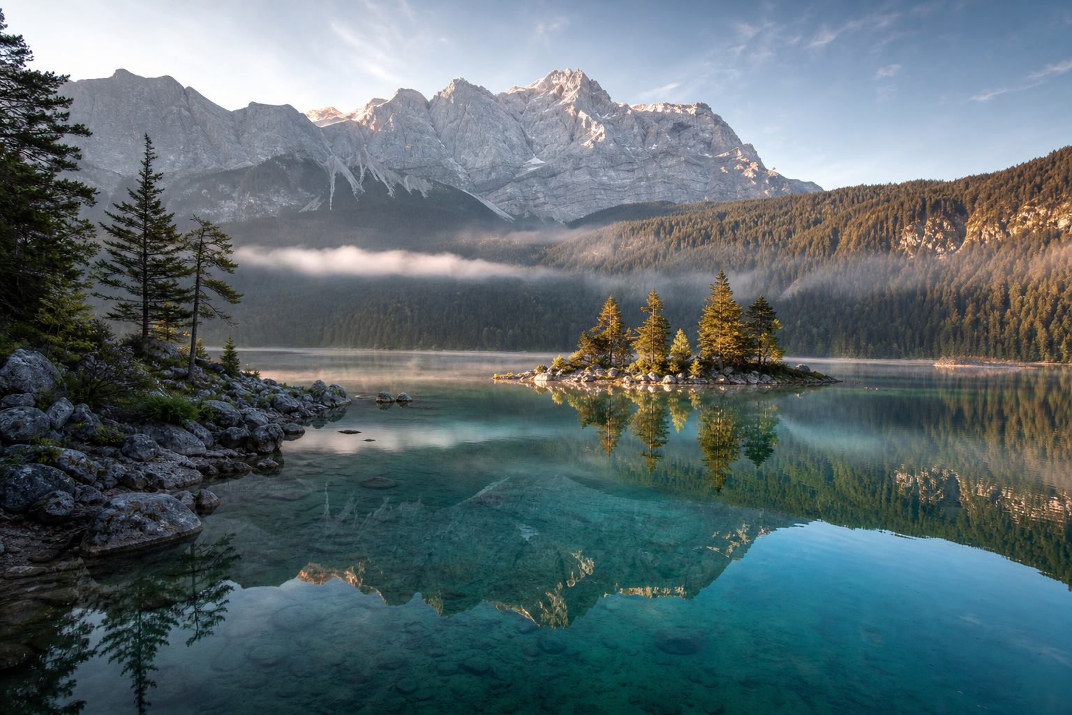 Panoramablick auf den Eibsee mit Zugspitze im Hintergrund, Bayern