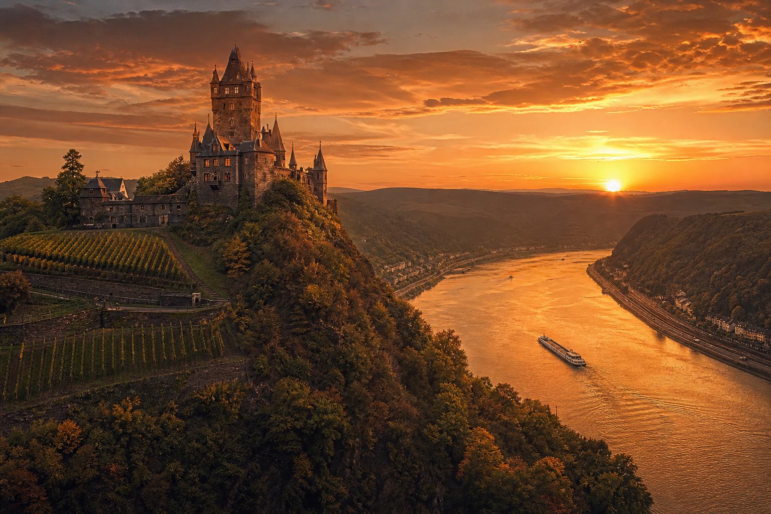 Burgen an der Rheinpromenade bei Sonnenuntergang